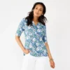 Women's Croft & Barrow® Elbow-Sleeve Splitneck Top -Clothing-Croft & Barrow 4887344 Blue Poppy Gdn