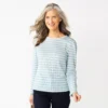 Petite Croft & Barrow® Cable Jacquard Long Sleeve Top -Clothing-Croft & Barrow 5780152 Light Blue Stripe