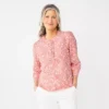 Women's Croft & Barrow® Ruffle Placket Henley Top -Clothing-Croft & Barrow 5830874 Coral Ditsy Garden